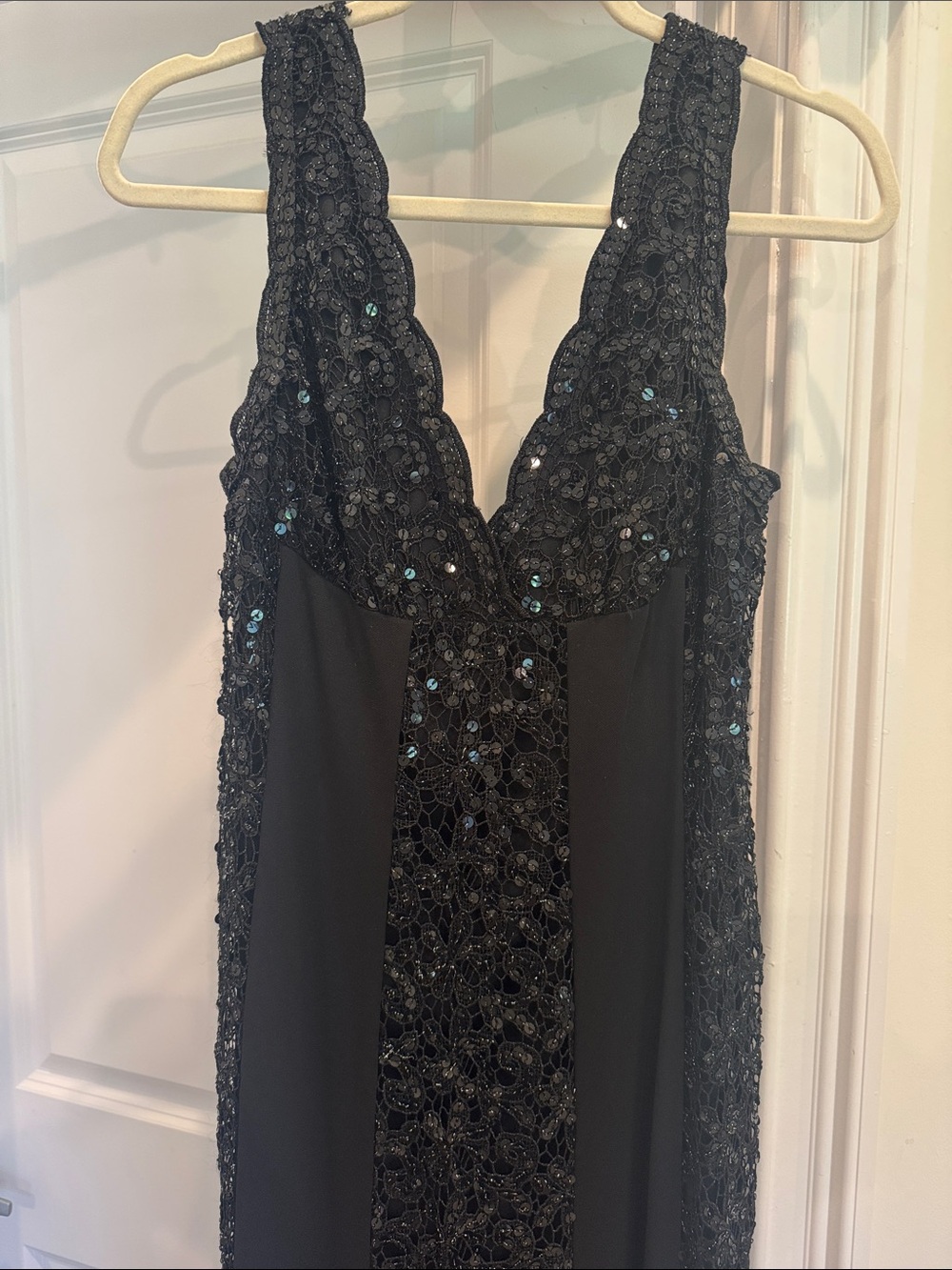 Jovani Black Beaded Lace V-Neck Evening Gown